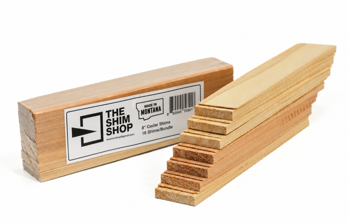 Cedar shim bundle with The Shim Shop label beside a stack of tapered shims